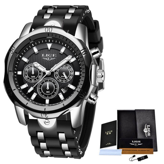 LIGE Black Sport Watch Waterproof